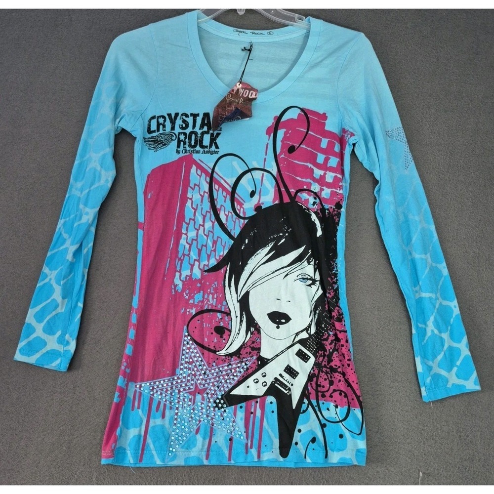 Christian Audigier Y2K Shirt Womens L Crystal Rock 1 Of 1000 Blue Tunic Top NEW